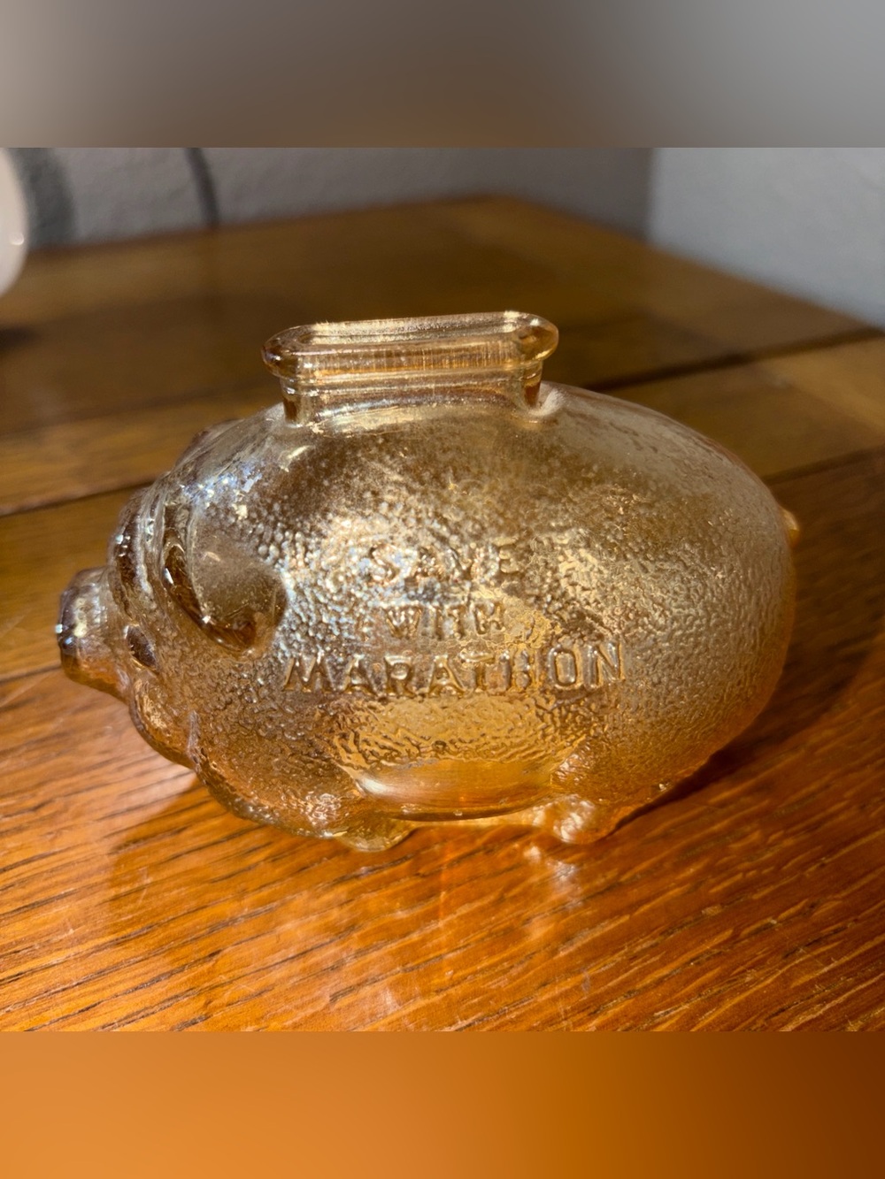 1950’s Glass Piggy Bank Anchor Hocking Save With Marathon Ohio Oil Co Vintage